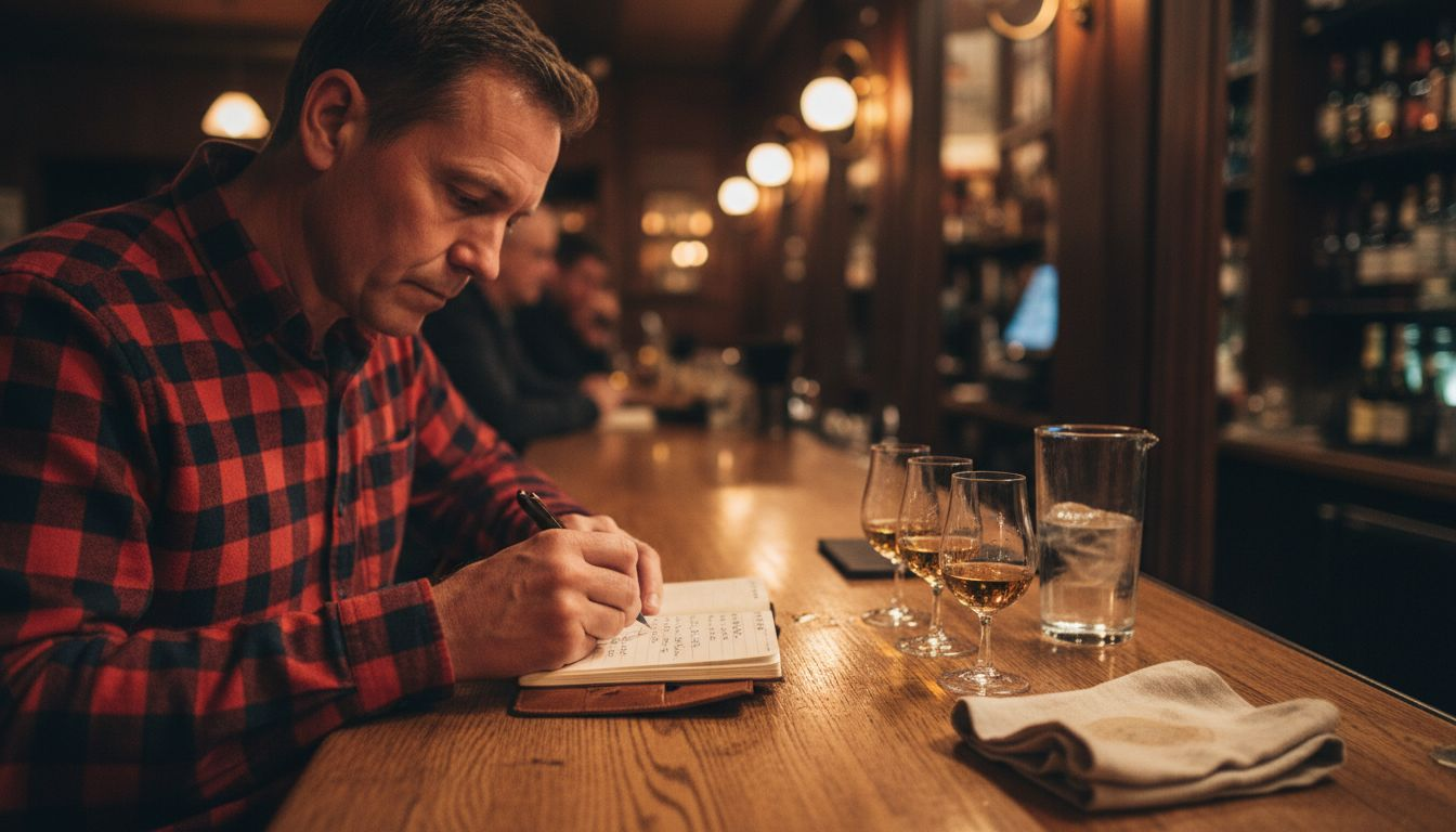 Man writing whisky tasting notes at bar