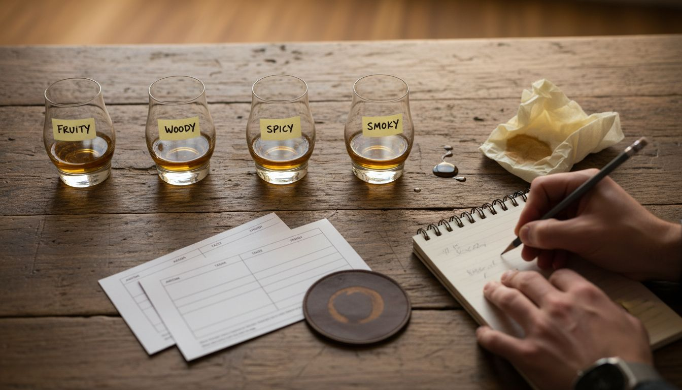 Whisky glasses with flavor note labels