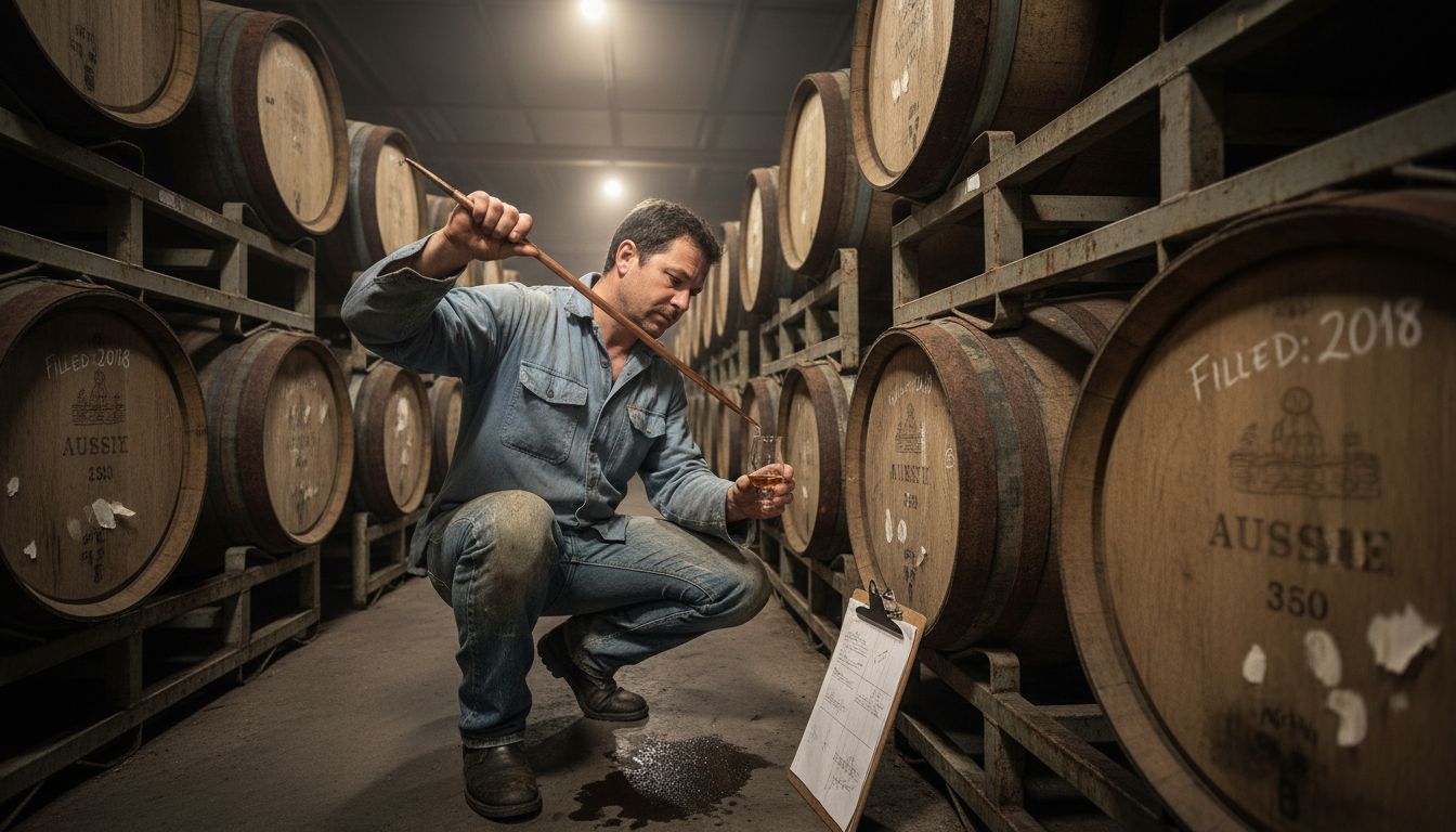 Distiller sampling whisky from labelled barrel