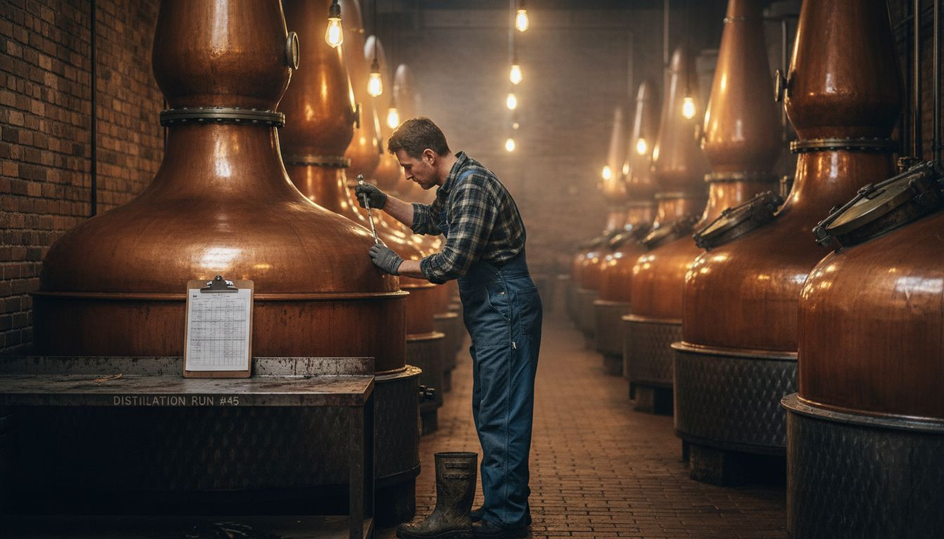 Worker checks copper stills in distillery