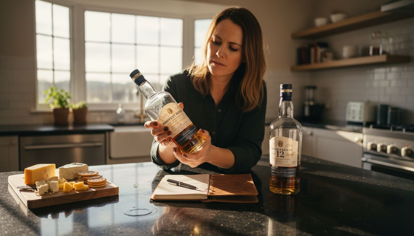 Woman comparing age statement and NAS bottles