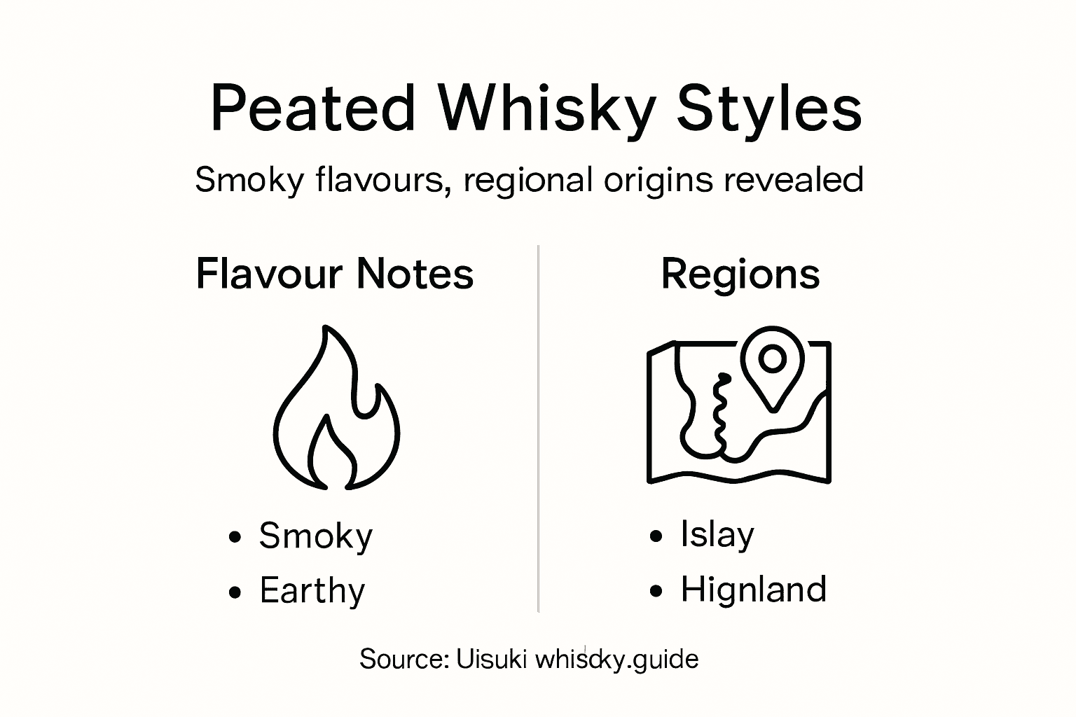 Infographic outlining peated whisky styles and flavours