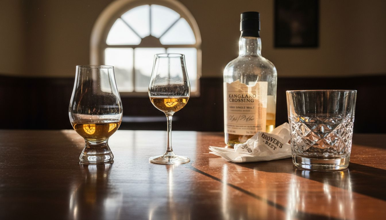 Three whisky glasses on wooden bar surface