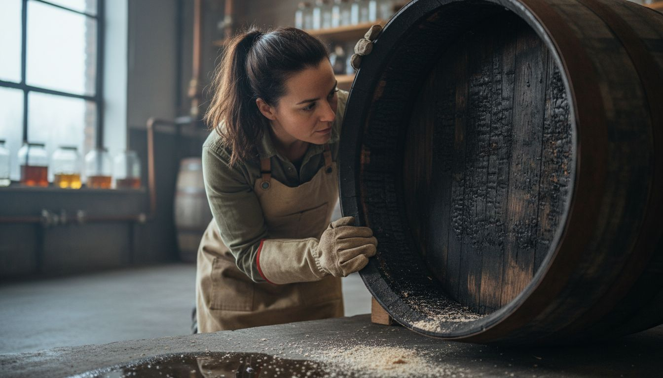 Technician inspecting inside charred whisky barrel