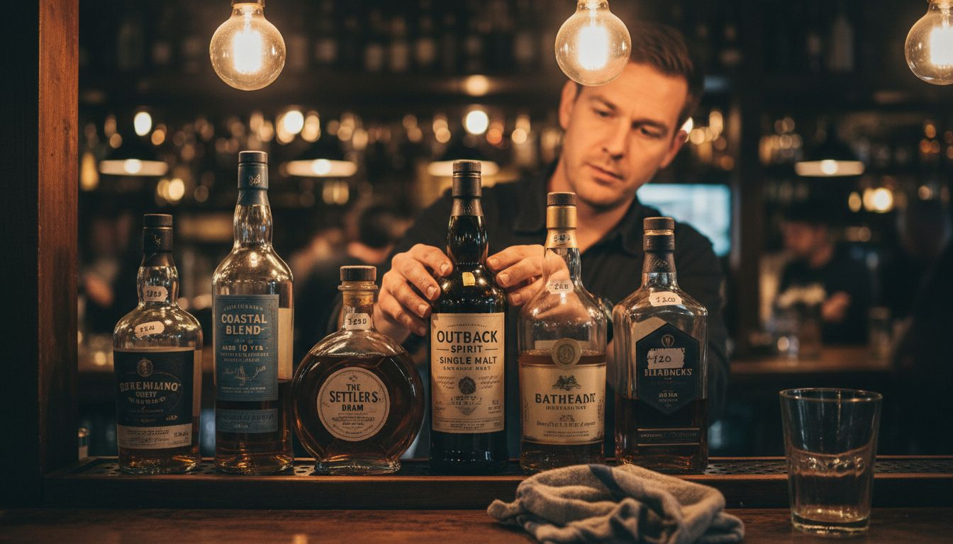 Bartender arranging diverse whisky bottles on shelf