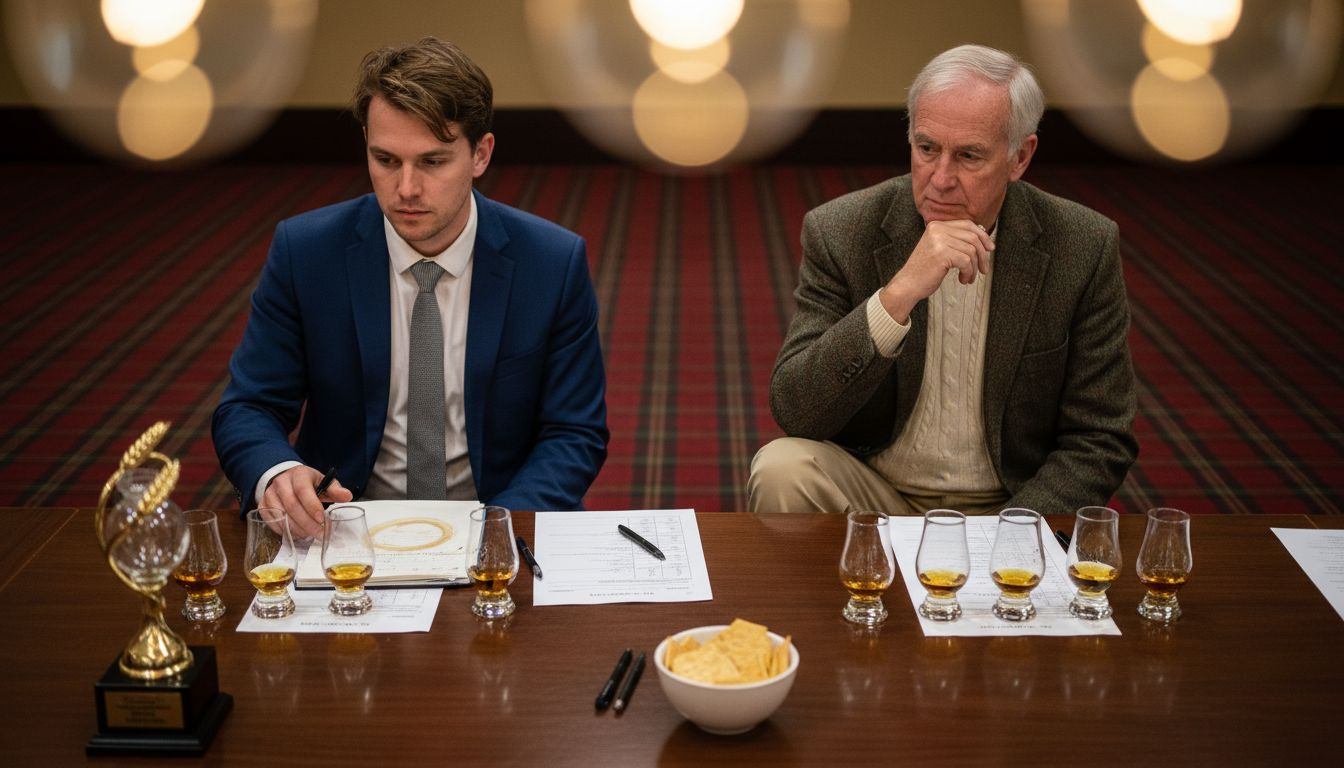 Judges evaluating whisky samples at table