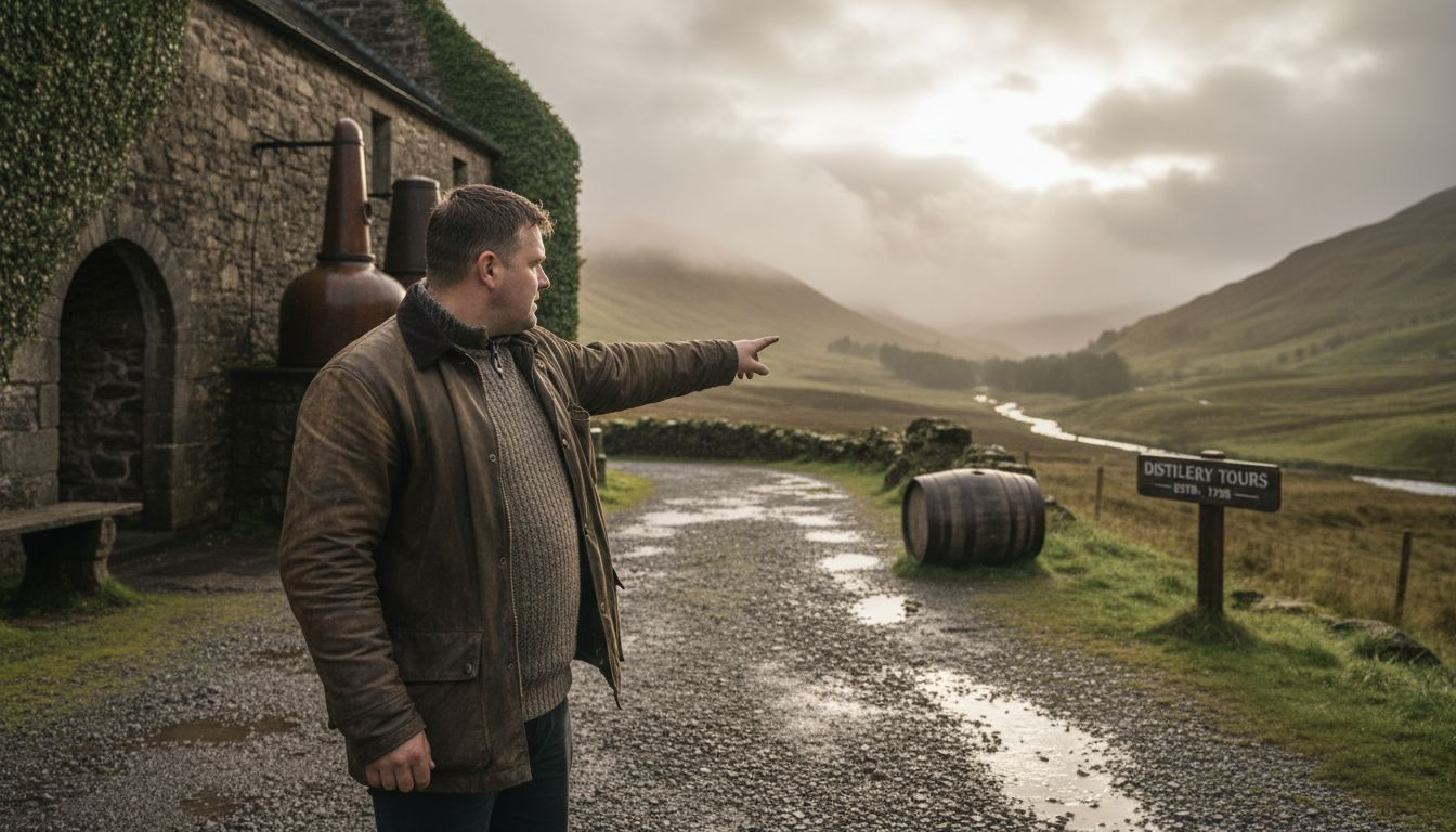 Guide outside Scottish distillery in rainy countryside