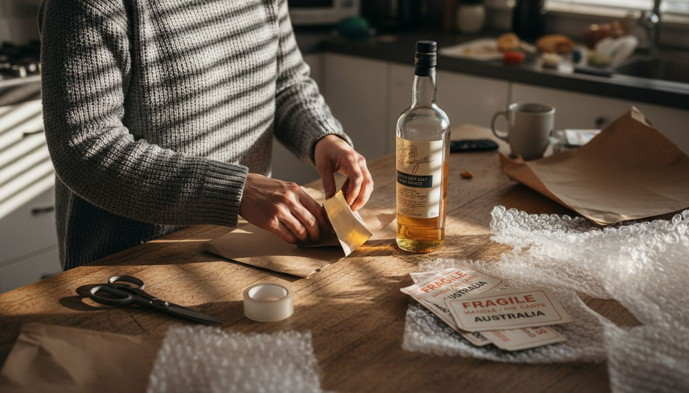 Wrapping whisky bottle at home table