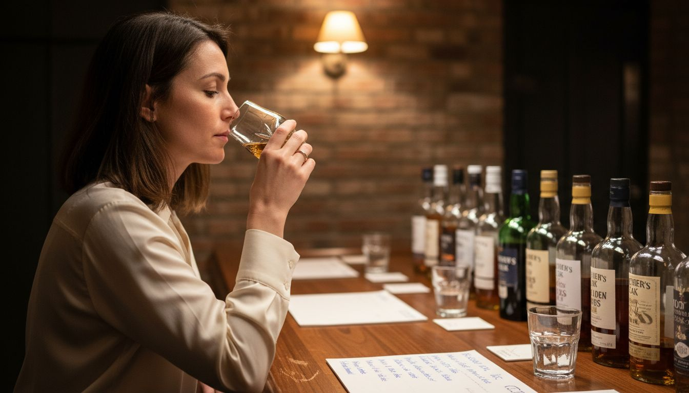 Woman analyzing whisky mouthfeel at bar