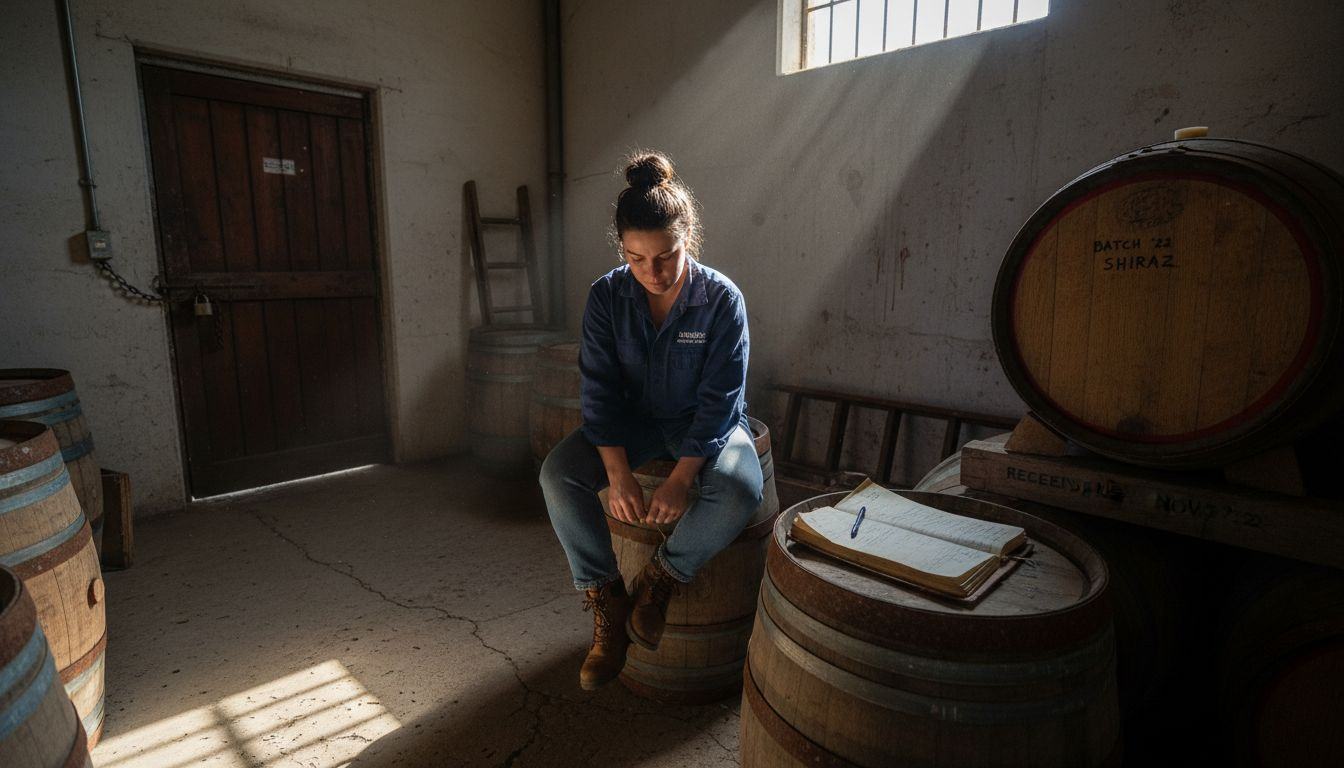 Woman tying boots in bonded whisky warehouse