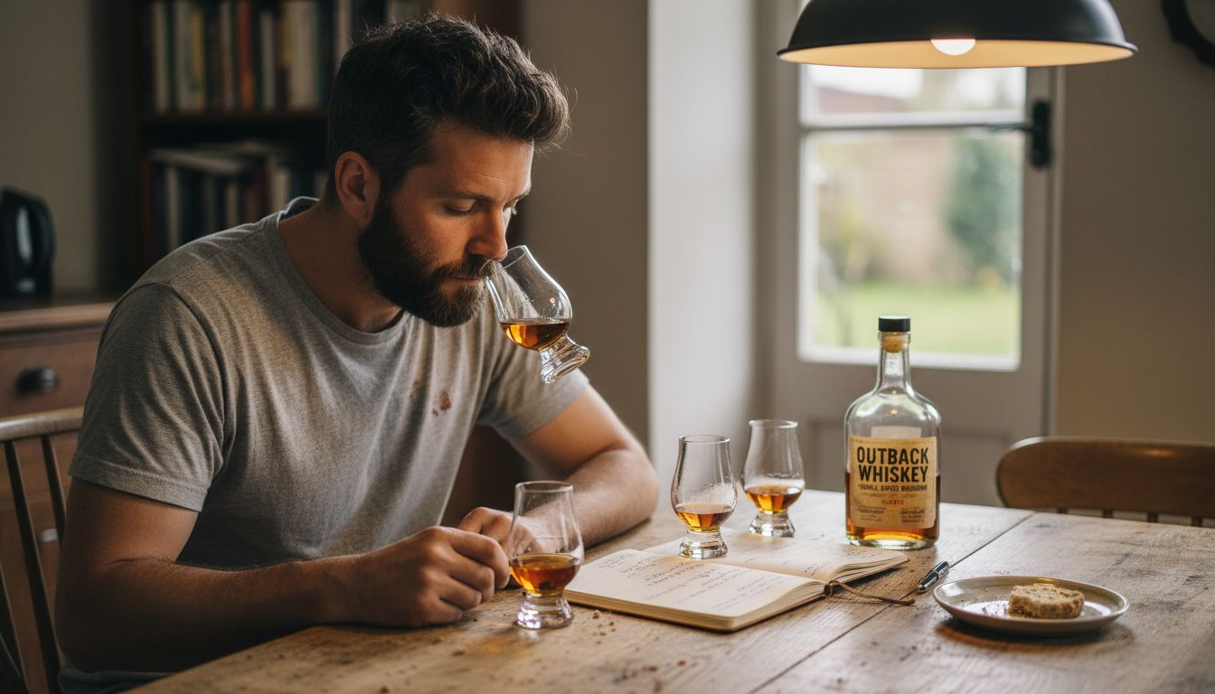 Man tasting bourbon at scratched table