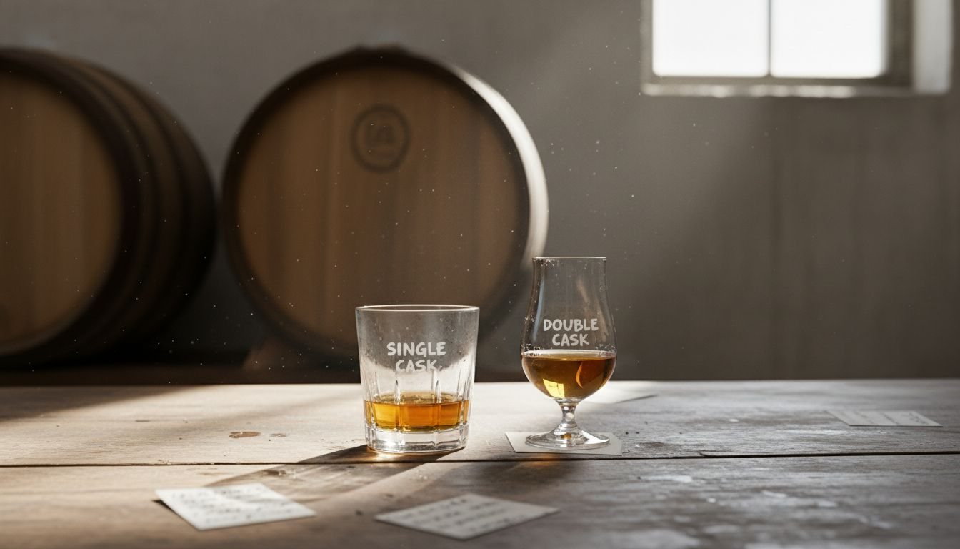 Side by side single and double cask whiskies