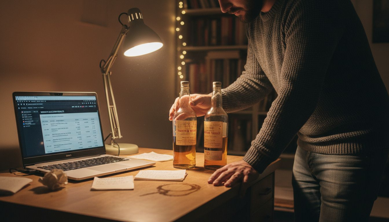 Collector inspecting whisky bottles with laptop