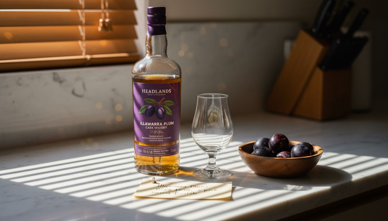 Headlands Plum Cask bottle with tasting setup