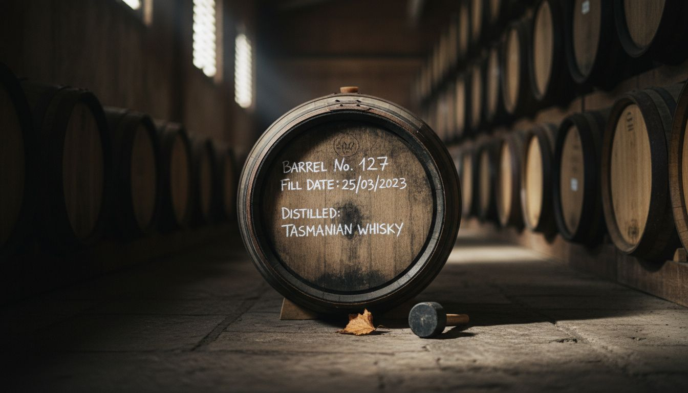 Aged whiskey barrel in traditional rickhouse