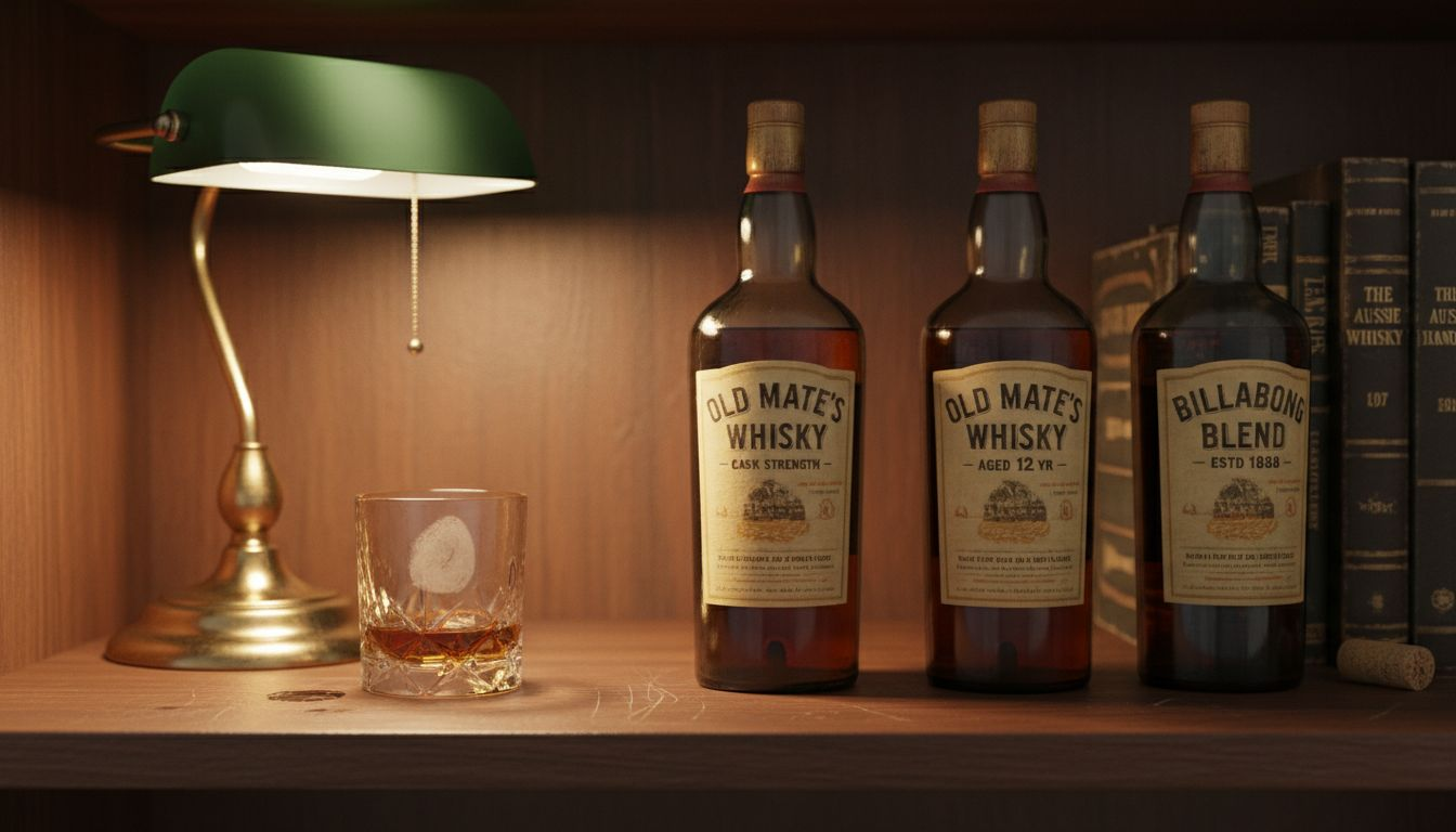 Rare whisky bottles with aged labels on shelf