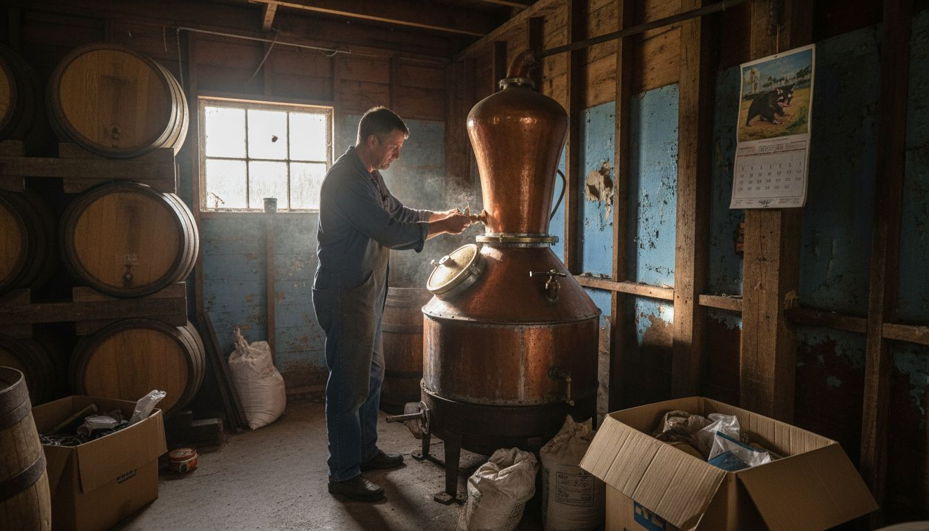 Tasmanian distillery worker at pot still