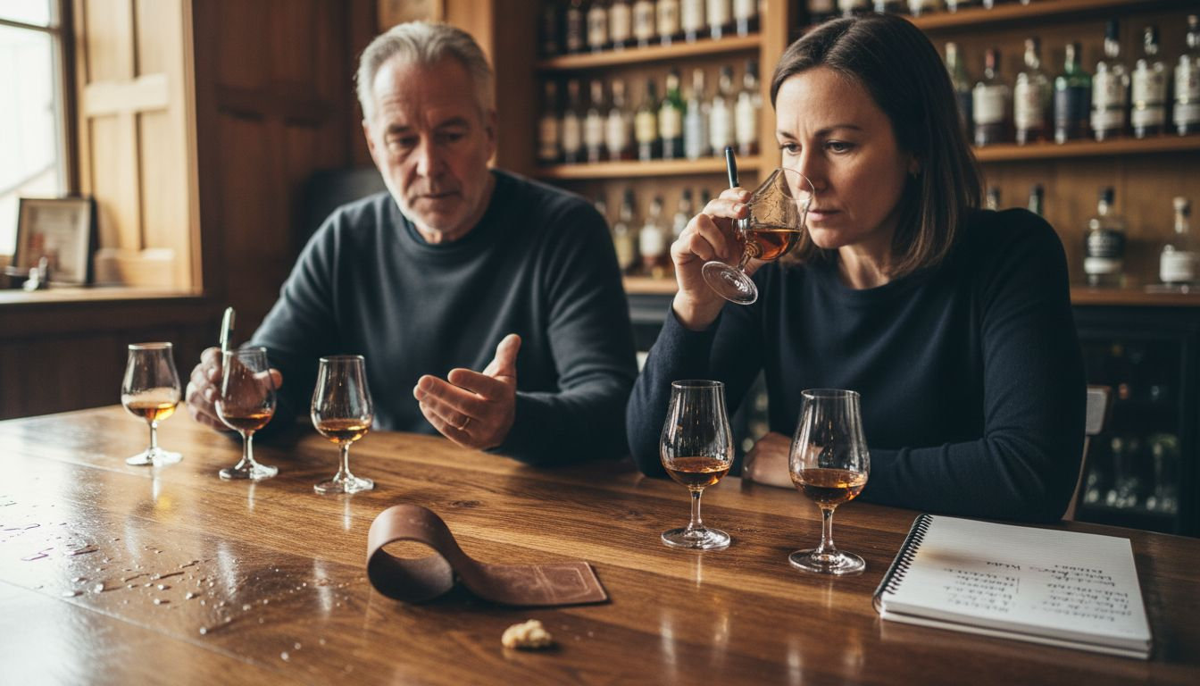 Whisky enthusiasts comparing aroma at tasting table