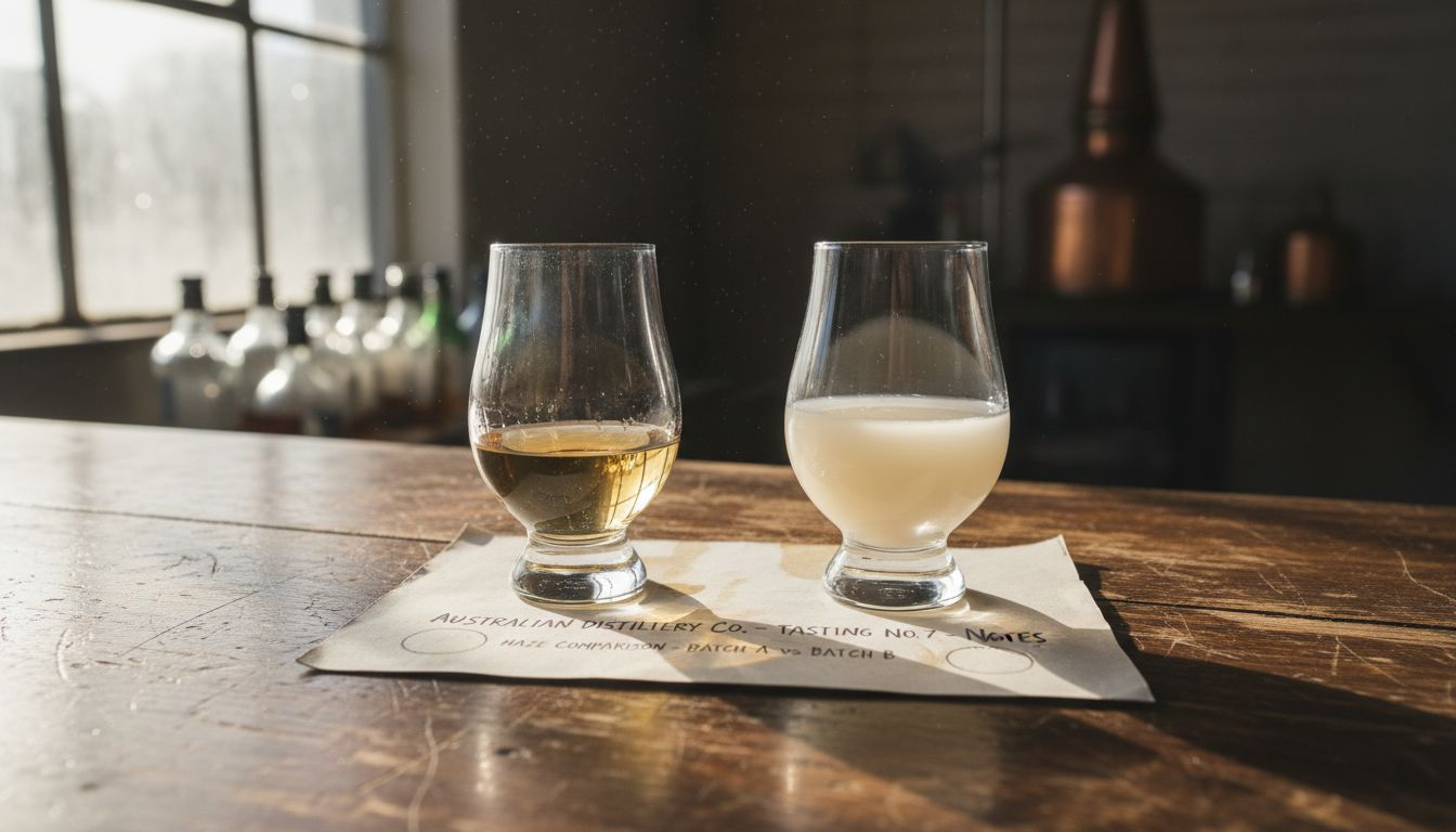 Side-by-side clear and hazy whisky glasses