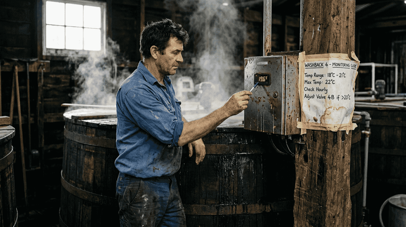 Technician controlling fermentation washback temperature