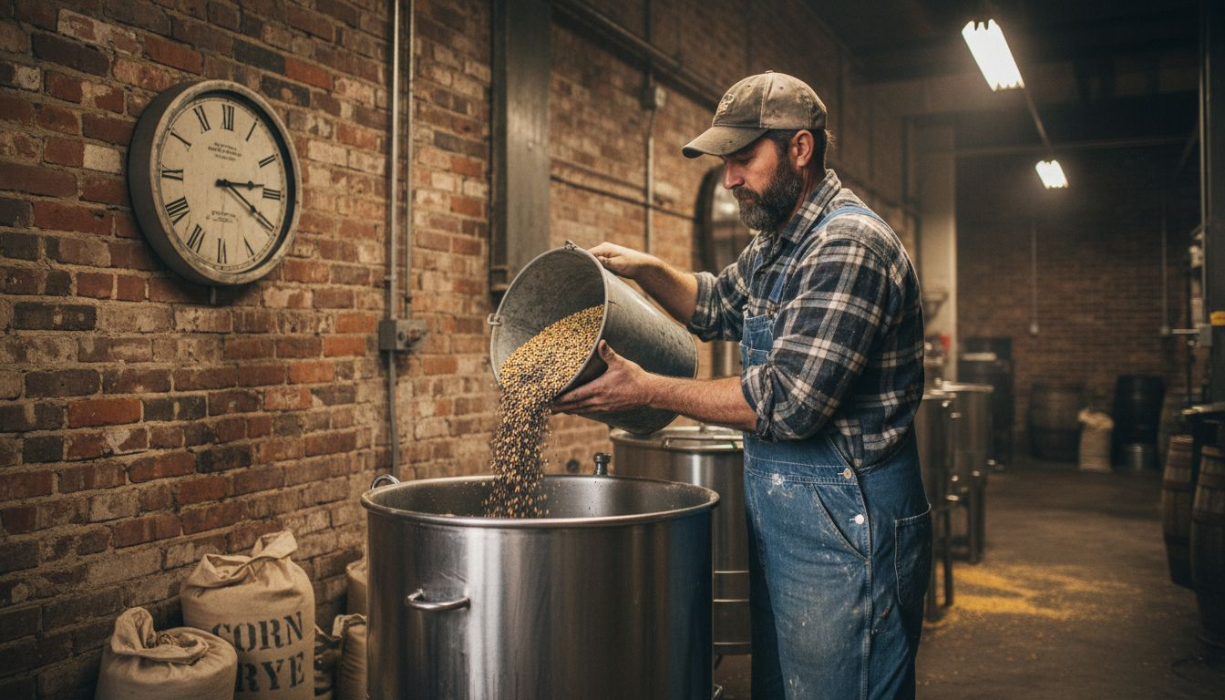 Distillery worker mixing grains for mash bill