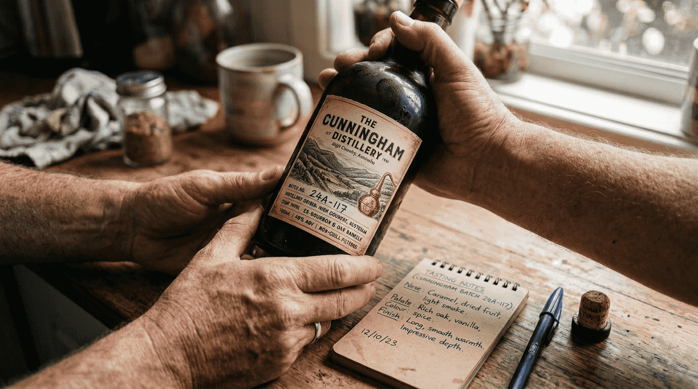 Close up inspection of whisky label details