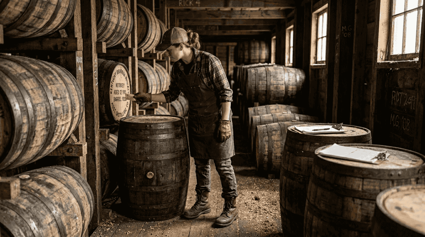 Worker inspecting bourbon barrels in rickhouse
