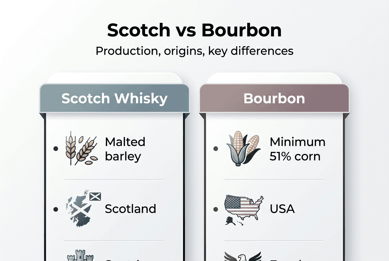 Infographic comparing Scotch and Bourbon key facts