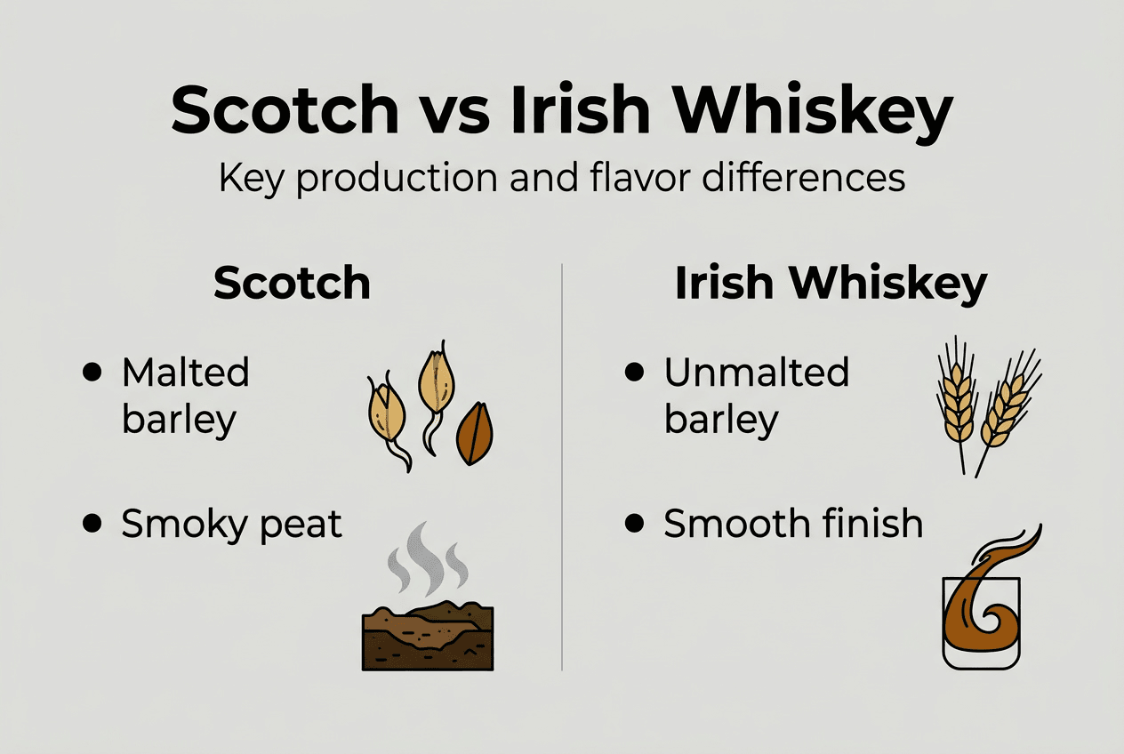 Infographic of Scotch versus Irish whiskey key traits