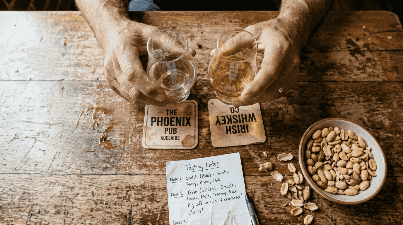 Comparing Scotch and Irish whiskey in glasses