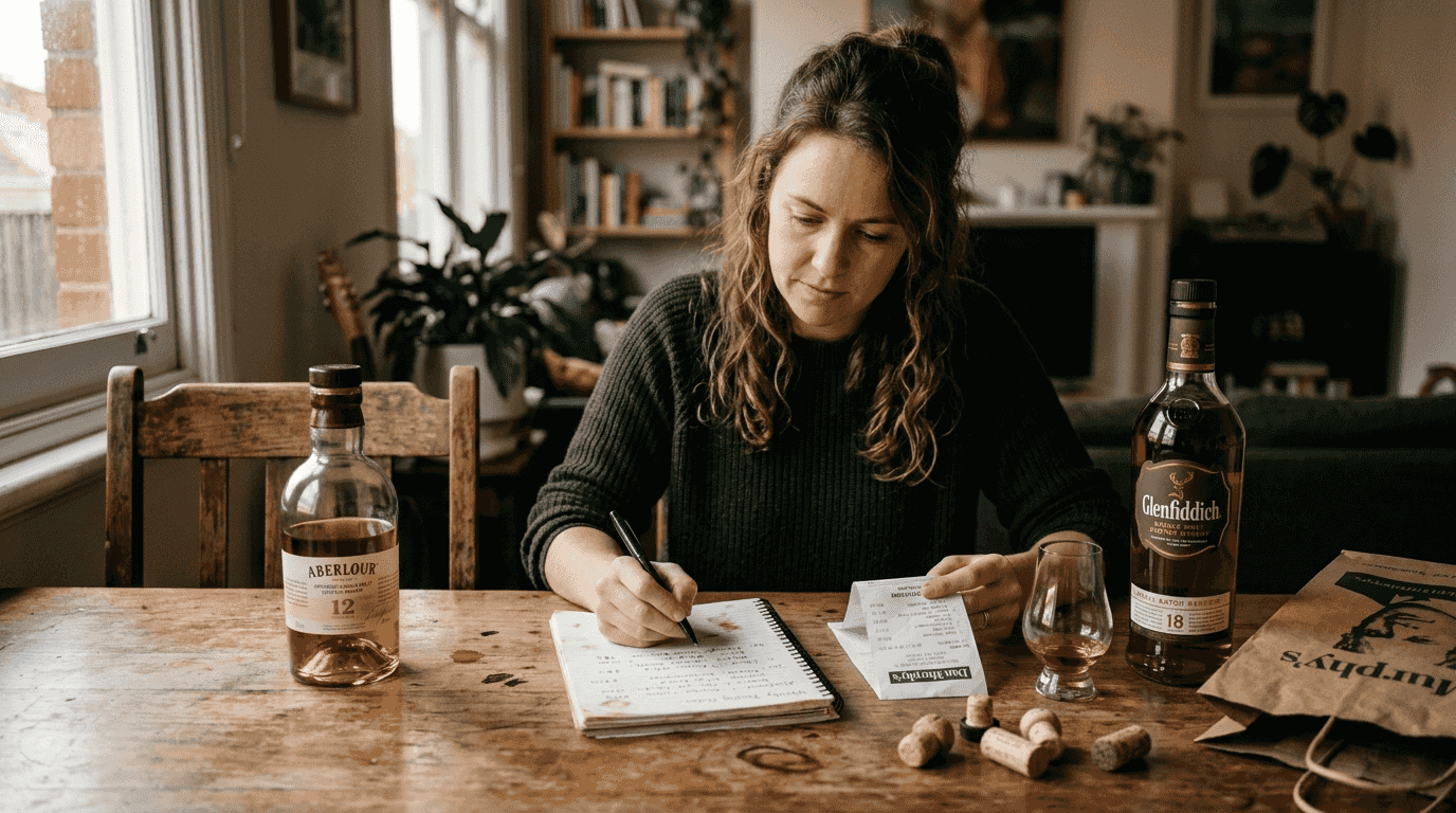 Woman deciding between two whisky gift bottles