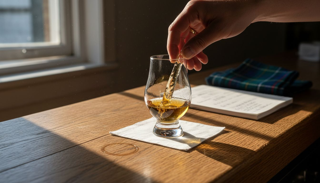 Close-up view of swirling whisky glass