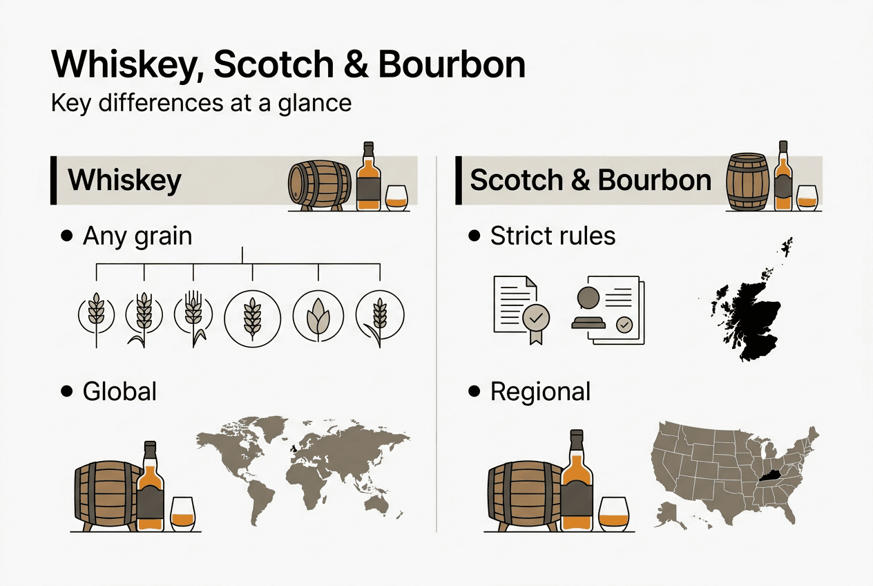 Infographic comparing whiskey, Scotch, and bourbon