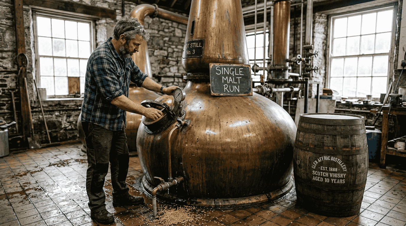 Master distiller checks copper pot still