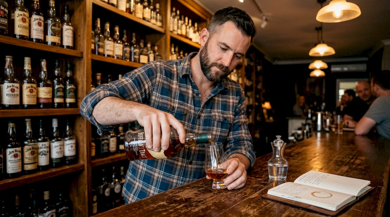 Man pouring Buffalo Trace bourbon for tasting