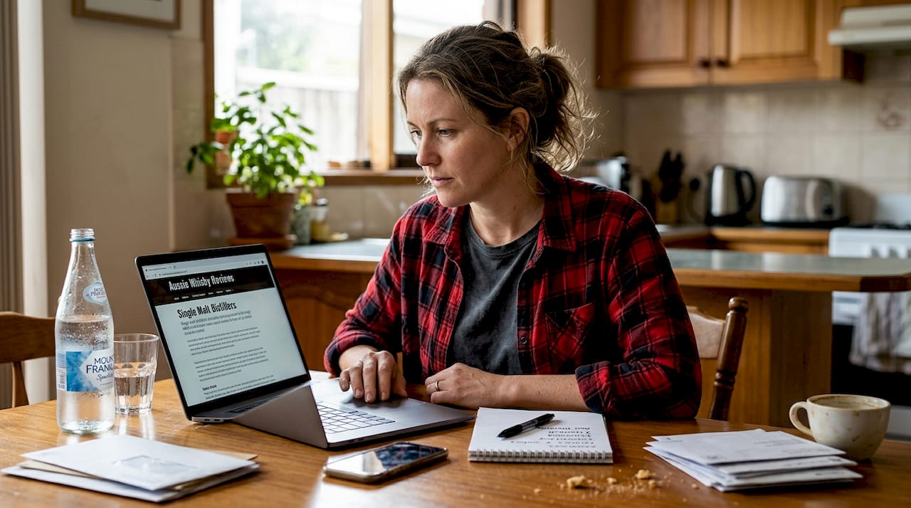 Person researching whisky buying at home
