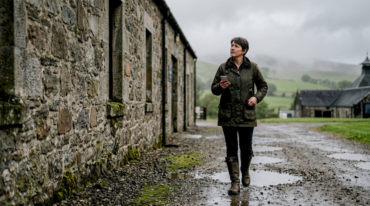 Distillery manager inspects climate outside warehouse