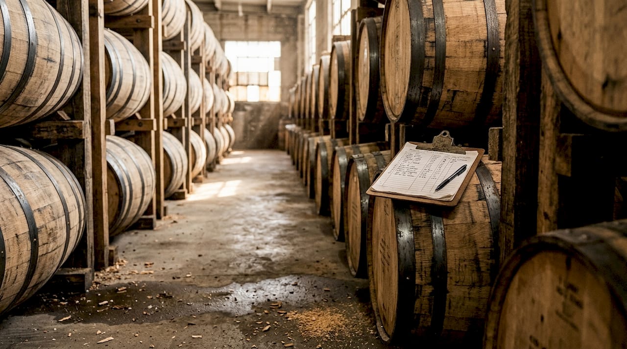 Stacked oak bourbon barrels in distillery warehouse