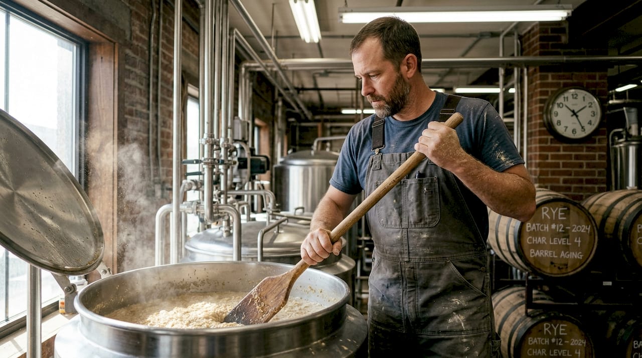 Distiller working on bourbon and rye whiskey mash