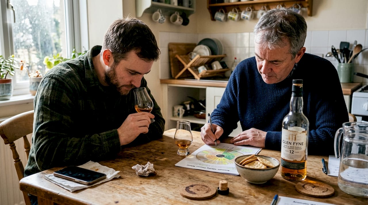 Whisky tasting at cluttered kitchen table