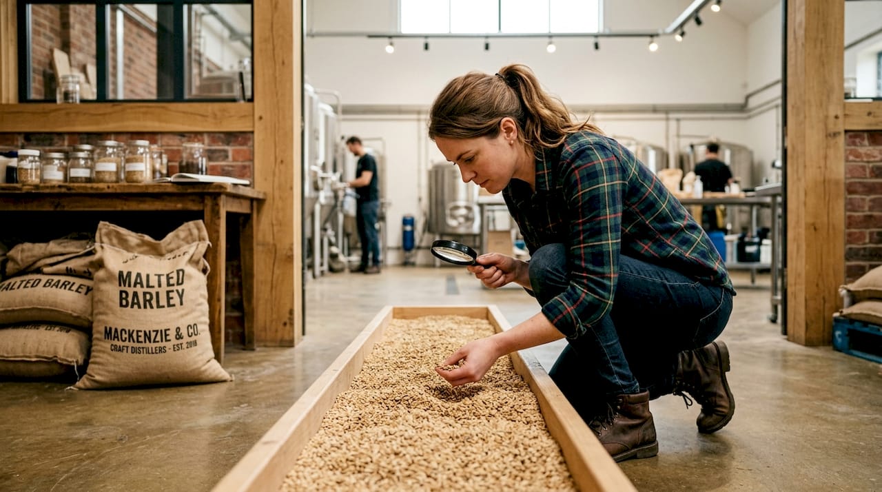 Technician inspecting malted barley for whisky
