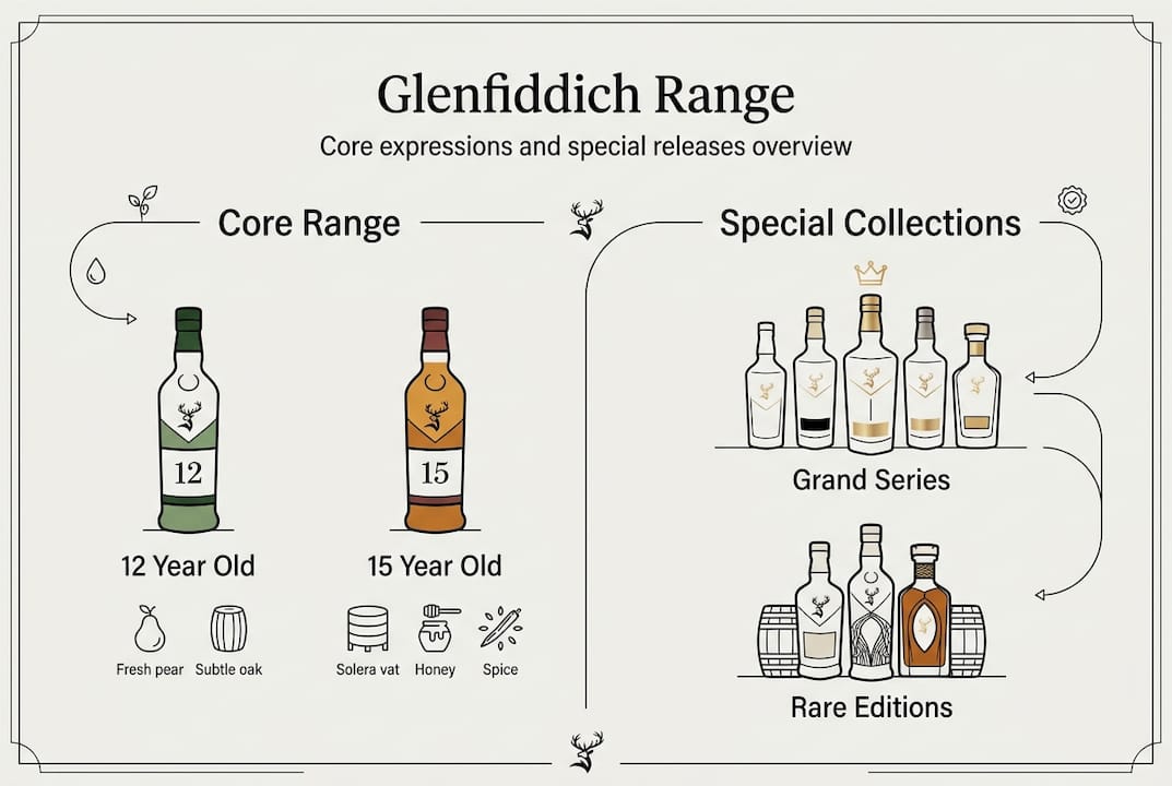 Infographic overview of Glenfiddich core and special whiskies