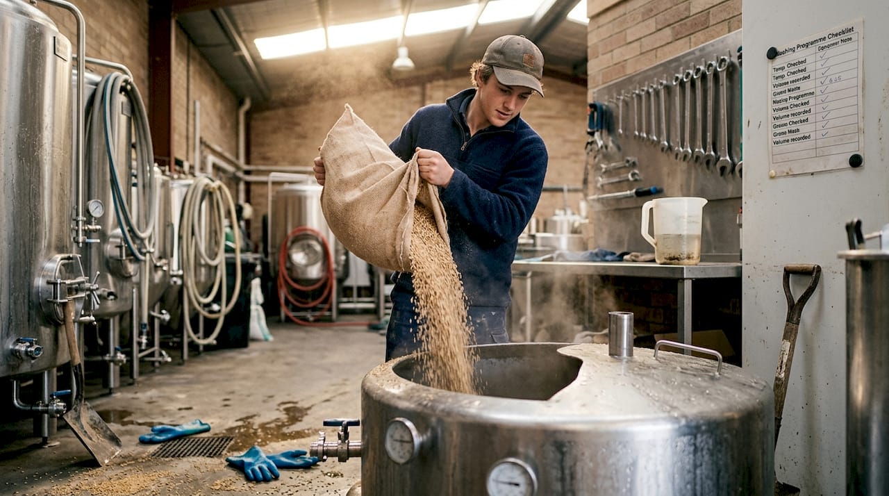 Technician preparing barley for single malt mash