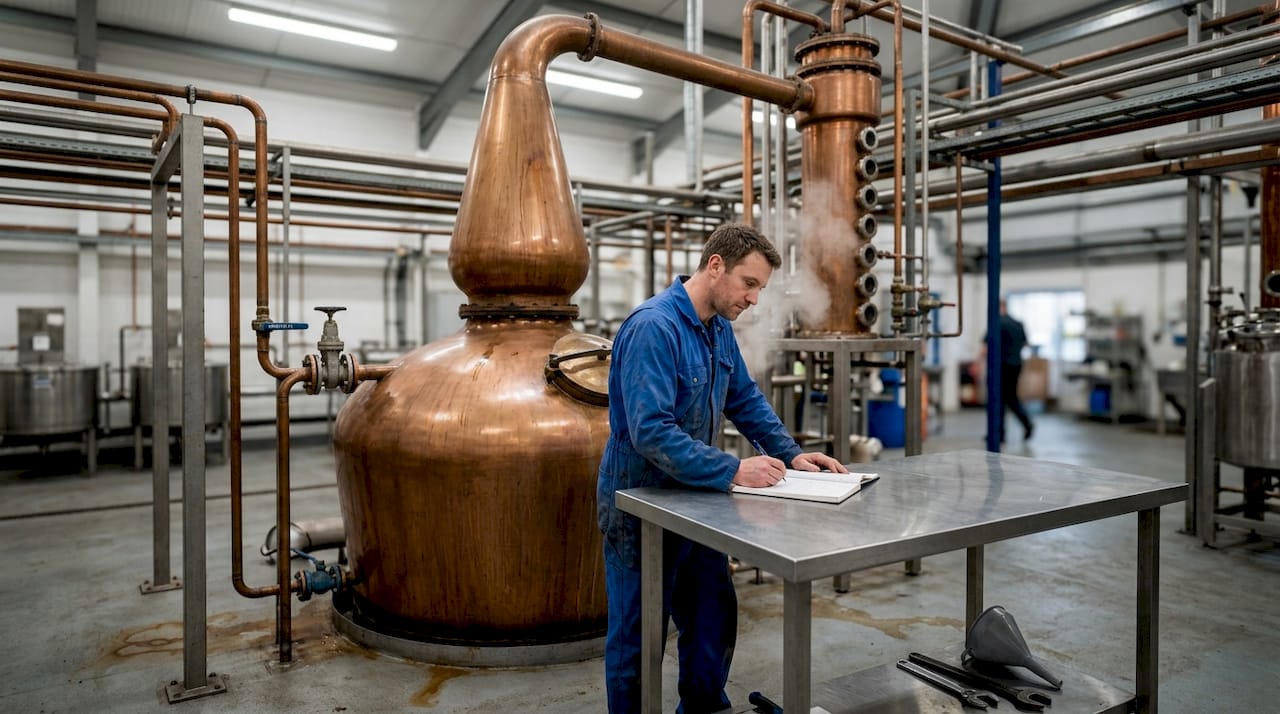 Distillery worker examines copper pot still