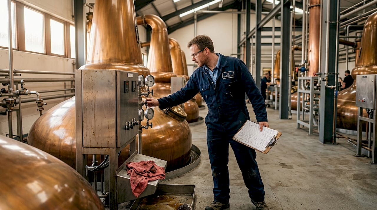 Technician checking copper stills at Macallan