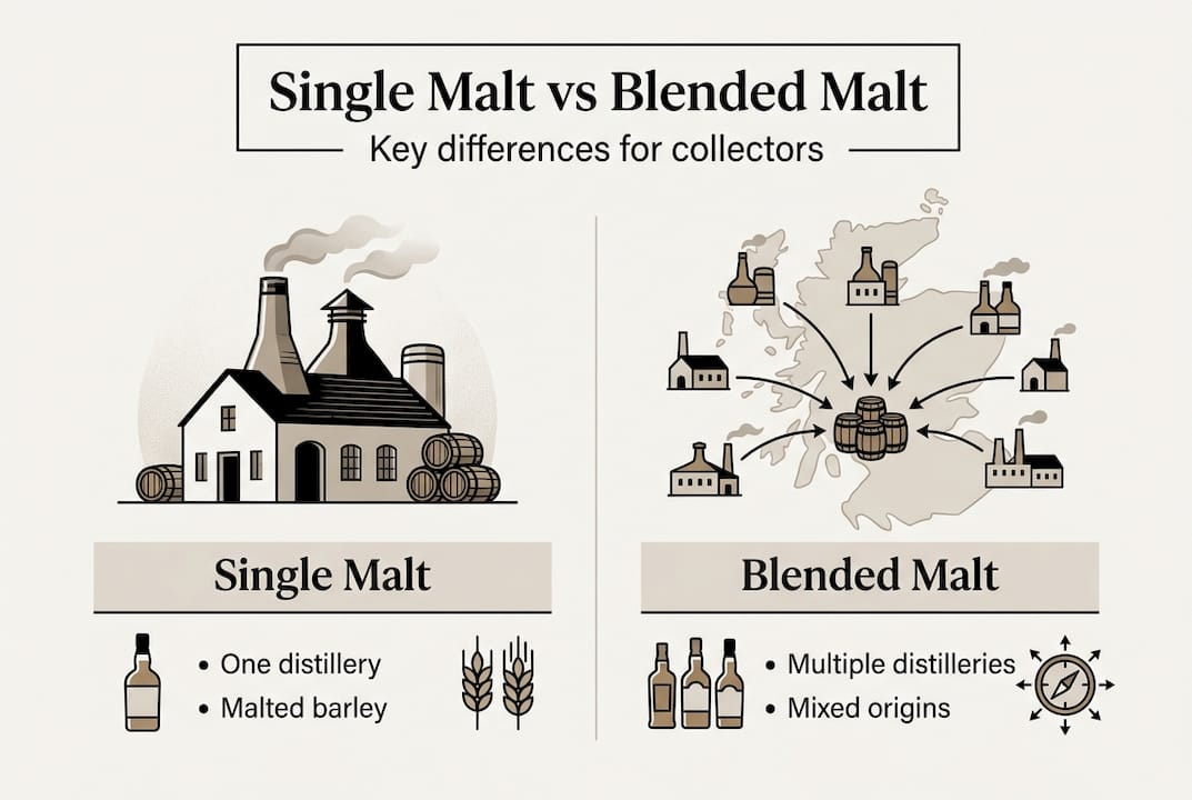 Infographic comparing single malt and blended malt