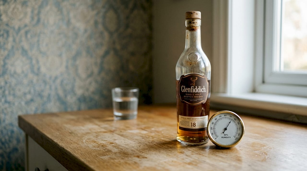Whisky bottle upright by analog hygrometer