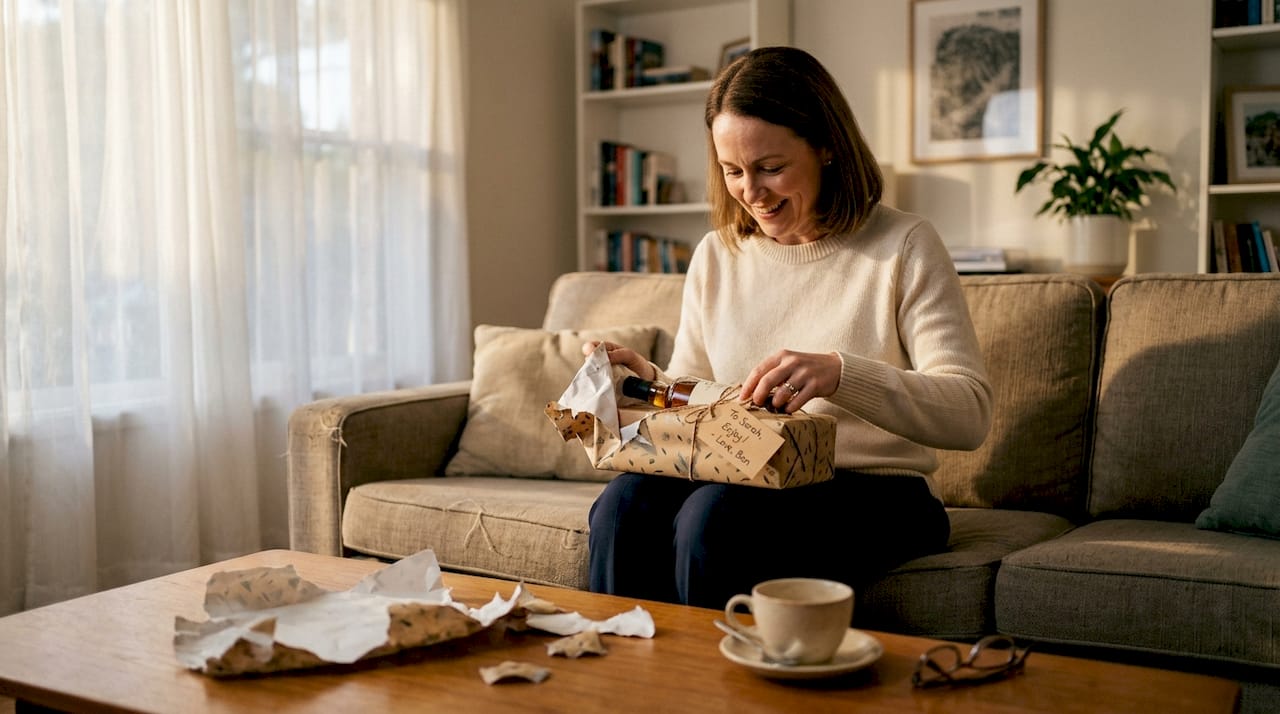 Woman unwrapping personalised whisky gift