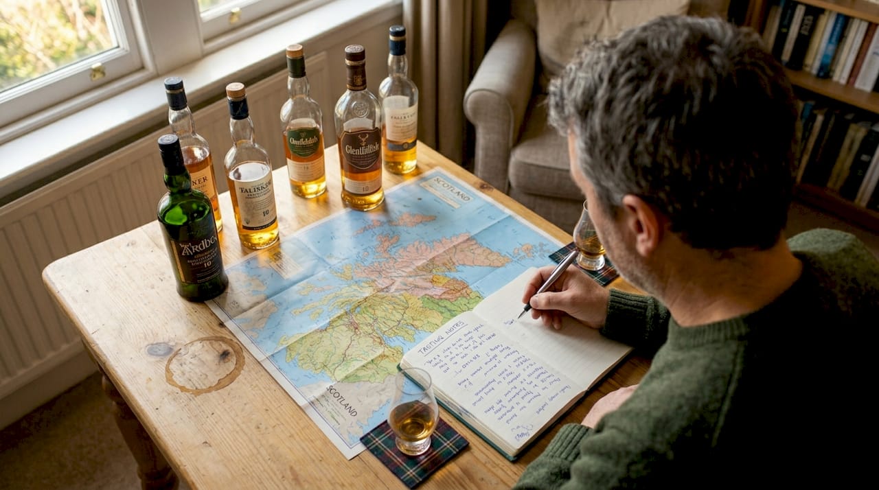 Man pairing whisky bottles to Scottish map
