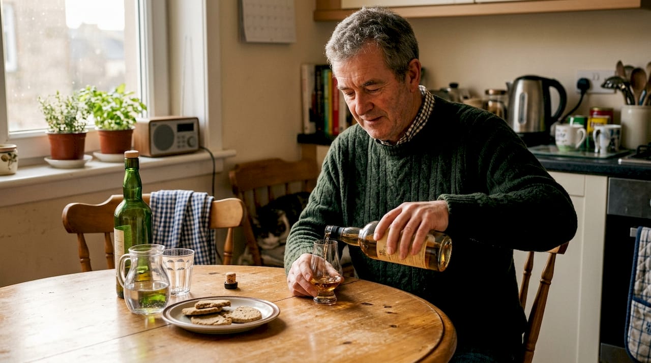 Pouring single malt whisky at kitchen table
